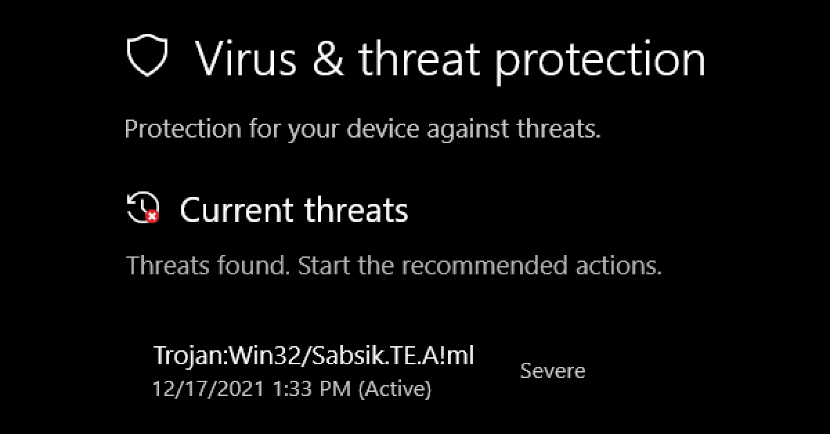 Windows 10 Finds TrojanWin32 Sabsik
